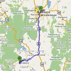Canberra Airport to Jindabyne Map